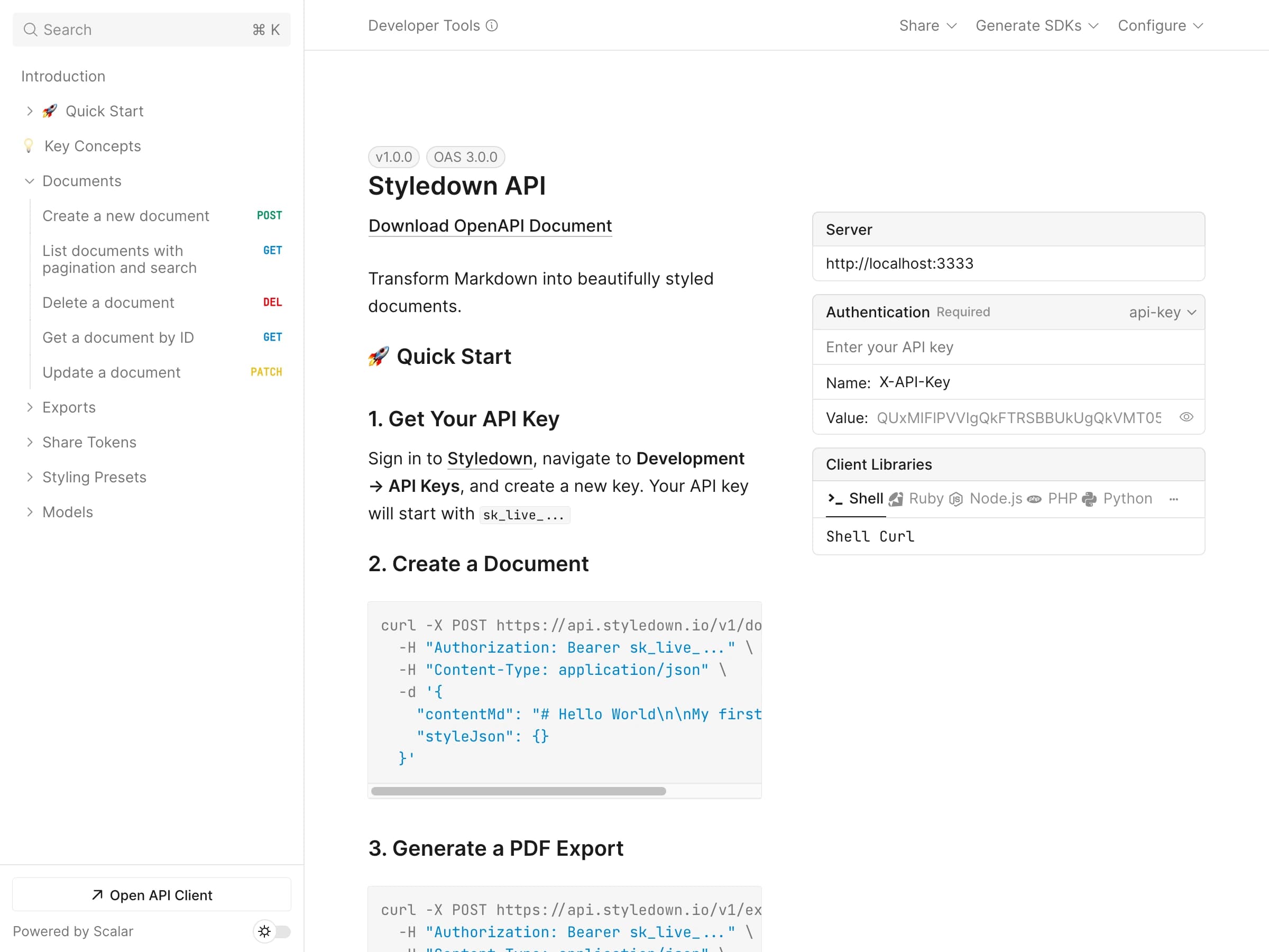 Developer API code snippet